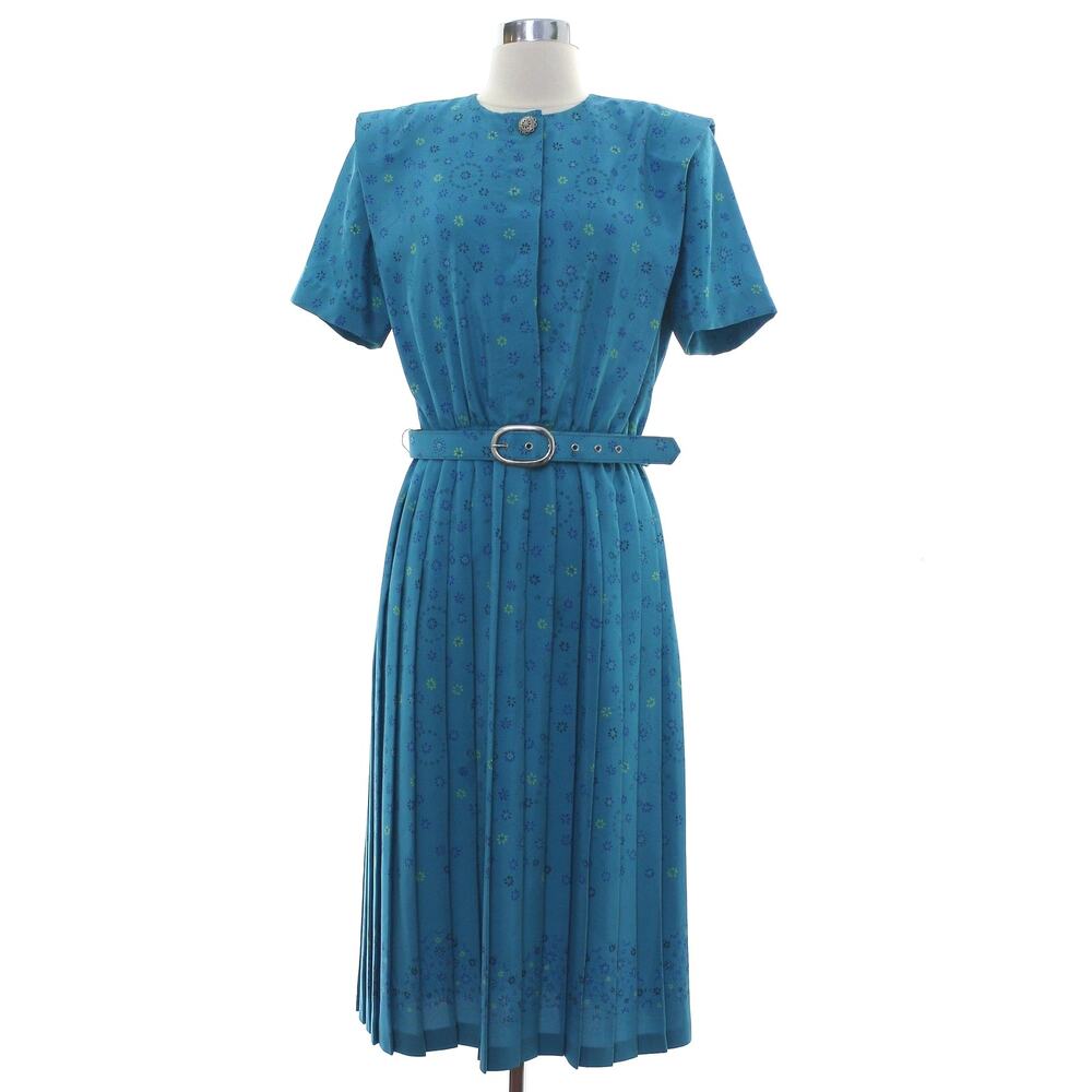 Vintage 80s Women's Small Leslie Fay Teal Floral Pleated Belted Dress